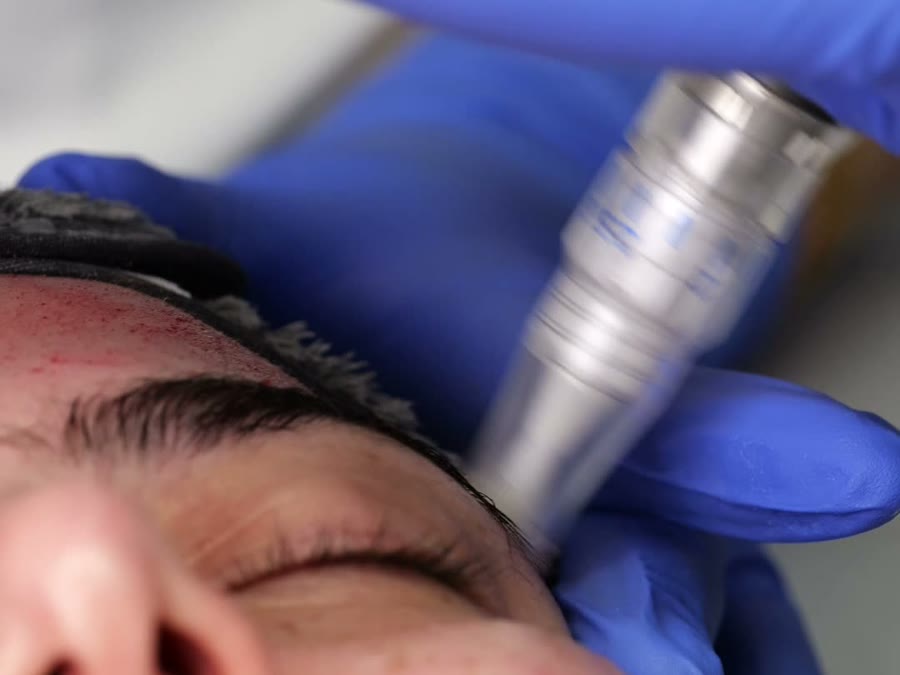 Närbild på microneedling-behandling i ansiktet